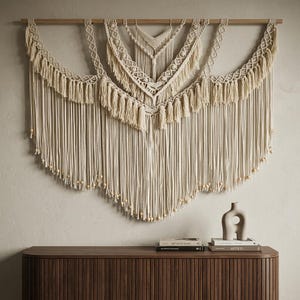 May include: A large, cream-colored macrame wall hanging with a wooden dowel. The design features intricate knotting, tassels, and wooden beads. The wall decor is displayed above a dark wood cabinet with books and a decorative vase.