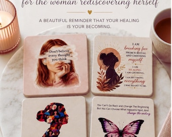 Affirmation Coaster Set of 4 | Therapist Designed Mental Health | Daily Reminder, Home Decor for Anxiety, Self Care | Healing |Wellness Gift