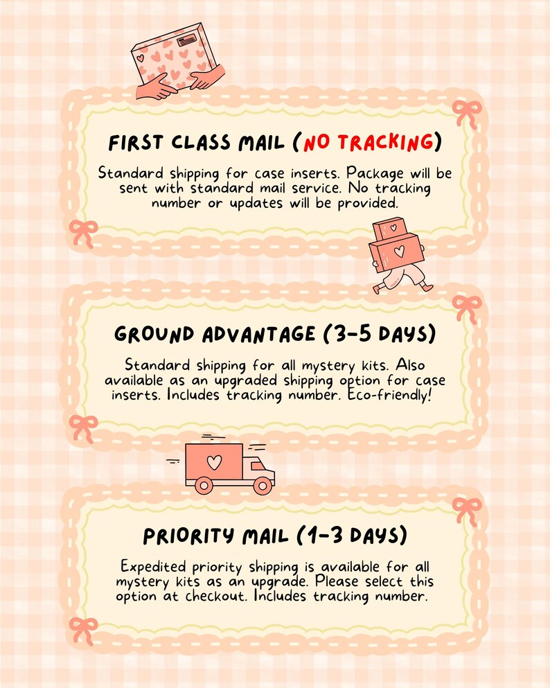May include: A light peach-colored informational graphic featuring three rectangular frames with scalloped edges and pink ribbon accents. The text displays shipping options labeled First Class Mail, Ground Advantage, and Priority Mail.