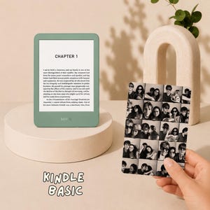May include: A sage green Kindle Basic e-reader displaying Chapter 1 text on its screen, positioned next to a rectangular photo collage print featuring multiple black and white portraits of individuals in various poses and settings.