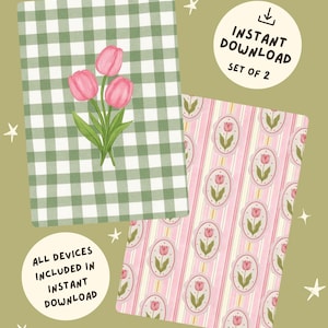 May include: Two digital art prints featuring floral designs. One print has a green and white gingham pattern with pink tulips. The other print has a pink and white striped pattern with tulip motifs. Text reads "Instant Download" and "Set of 2".