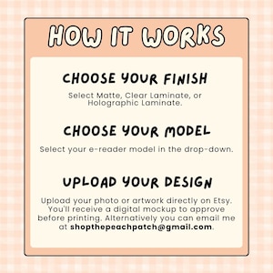 May include: A rectangular informational graphic with a light peach gingham background. The text reads: HOW IT WORKS, CHOOSE YOUR FINISH, Select Matte, Clear Laminate, or Holographic Laminate, CHOOSE YOUR MODEL, Select your e-reader model, UPLOAD YOUR DESIGN.