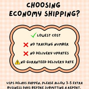 May include: A light peach gingham background with the text CHOOSING ECONOMY SHIPPING? followed by a list: a green checkmark for LOWEST COST, red X marks for NO TRACKING NUMBER and NO DELIVERY UPDATES, and a yellow warning sign for NO GURANTEED DELIVERY DATE.