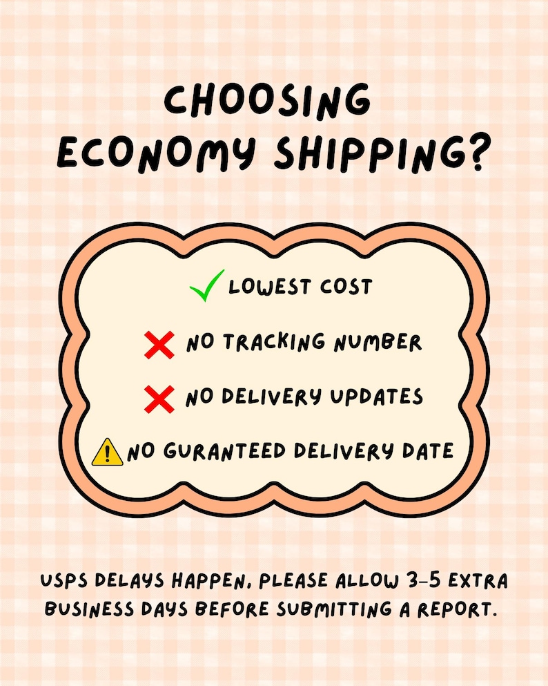 May include: A light peach gingham background with the text CHOOSING ECONOMY SHIPPING? followed by a list: a green checkmark for LOWEST COST, red X marks for NO TRACKING NUMBER and NO DELIVERY UPDATES, and a yellow warning sign for NO GURANTEED DELIVERY DATE.