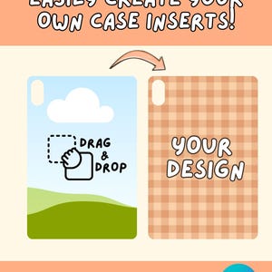 Może przedstawiać: Cyfrowy szablon do tworzenia wkładek do etui z tekstem EASILY CREATE YOUR OWN CASE INSERTS! oraz EDITABLE IN CANVA. Grafika przedstawia interfejs przeciągnij i upuść z chmurą i krajobrazem oraz drugi prostokąt z wzorem w kratę.