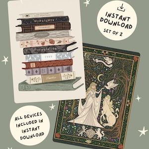 Puede incluir: Dos impresiones de arte digital. Una presenta una pila de libros con títulos como "Midnights" y "Reputation". La otra representa a una mujer con un unicornio. El texto incluye "Descarga instantánea" y "Set de 2".