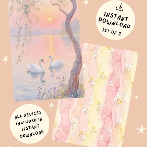Op de afbeelding: Twee digitale kunstprints met een zonsondergang op een meer met twee witte zwanen en een treurwilg, naast een tweede print met verticale golvende strepen van roze en gele aquareltexturen versierd met kleine witte en gele bloemen.