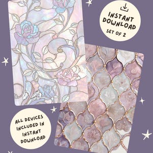 May include: Two digital art prints with floral and geometric designs. One features a stained-glass style rose pattern in pastel colors. The other has a repeating quatrefoil pattern with gold accents. Text reads "Instant Download" and "Set of 2".