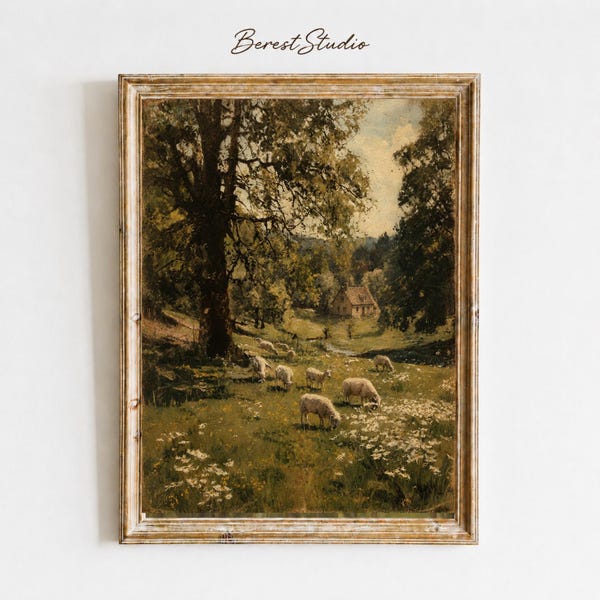 Vintage Sheep Meadow Print, Rustic Cottage Landscape, Farmhouse Wall Art (Digital Download)
