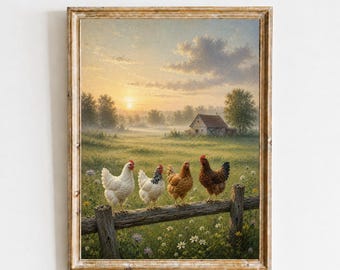 May include: A framed wall art print titled Berest Studio featuring a rural landscape at sunrise. Four chickens in white, speckled, brown, and dark brown colors stand on a wooden fence rail in a grassy field with a small house in the distance.