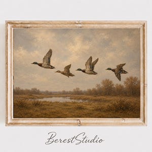 Vintage Flying Ducks Landscape Wall Art Print, Autumn Marsh Nature Decor, Rustic Farmhouse Printable
