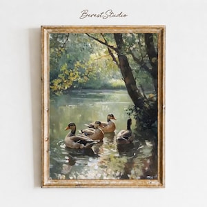 Four Ducks on a Sunlit Woodland Pond, Impressionist Nature Wall Art, Cottage Decor Print