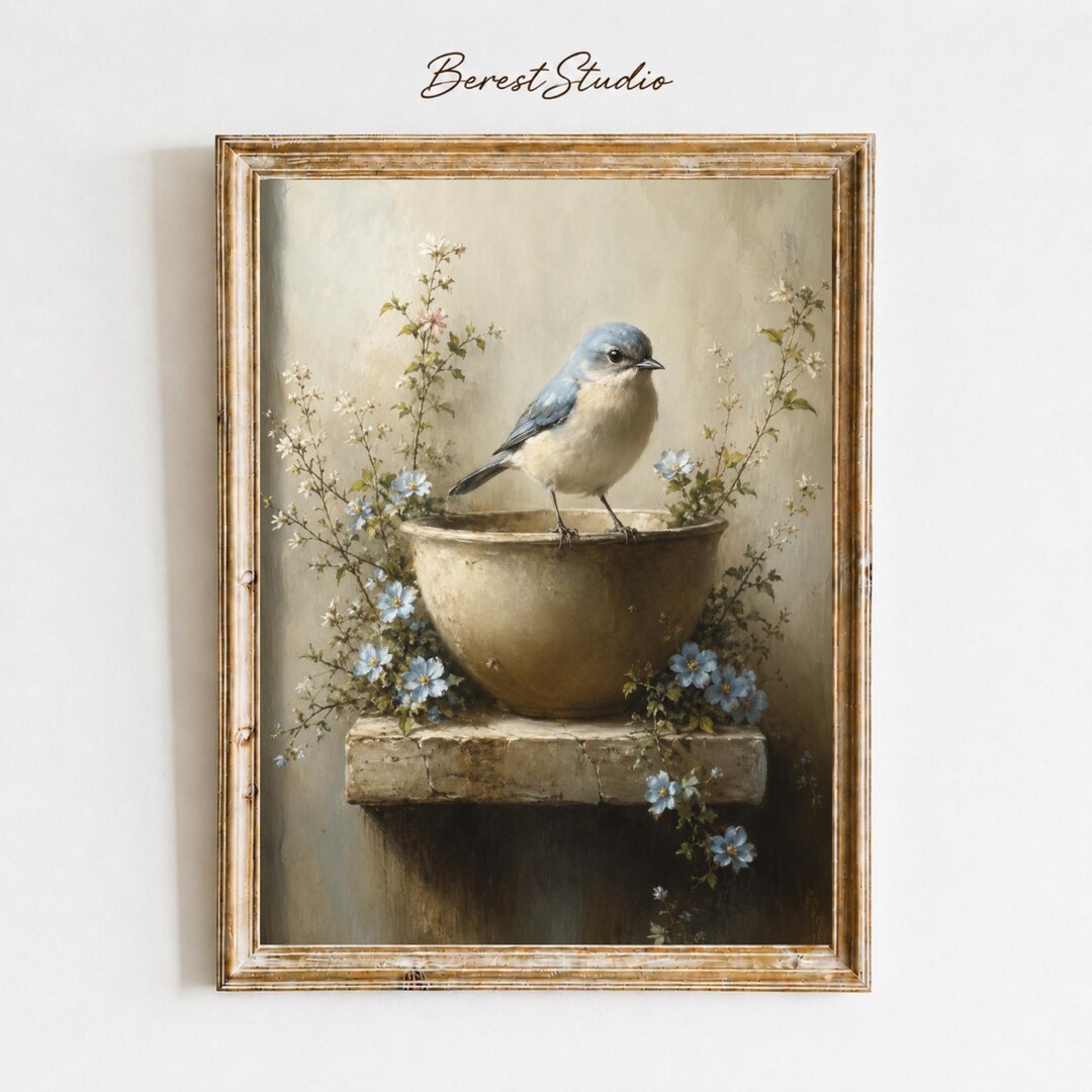 Vintage Blue Bird Painting, Cottagecore Floral Wall Art (digital ...