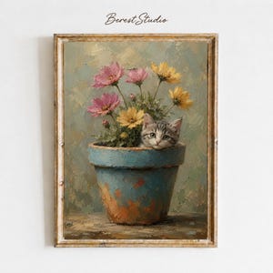 Vintage Kätzchen Blumentopf Ölgemälde Druck, Cottagecore Katze Wandkunst (digitaler Download)