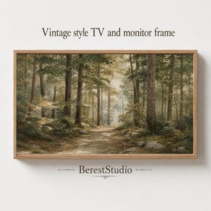 Puede incluir: Un marco rectangular de madera que contiene una impresión de paisaje de un sendero forestal con árboles altos y luz suave. El texto "Vintage style TV and monitor frame" aparece arriba y "BerestStudio" está impreso debajo del marco.