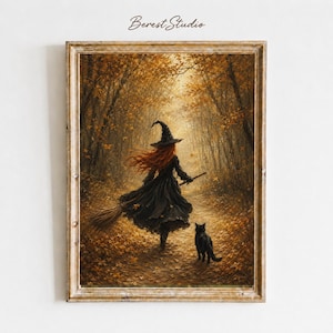 May include: A framed wall art print titled Berest Studio featuring a witch with long red hair wearing a black dress and pointed hat, walking through an autumn forest with a broomstick and a black cat. The scene is filled with golden fallen leaves.