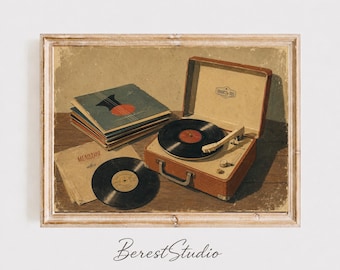Vintage-Schallplattenspieler-Kunstdruck, Retro-Musik-Wandbild, Illustration aus der Mitte des 20. Jahrhunderts (Digitaler Download)