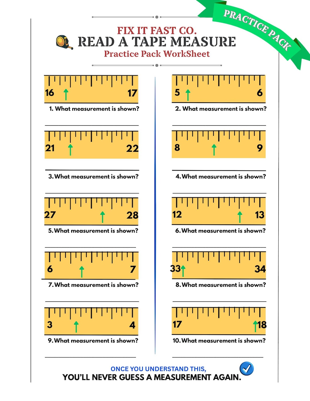 Practice Read a Tape Measure Pack | Measurement Practice Printable | Shop Class Worksheet | Tape ...