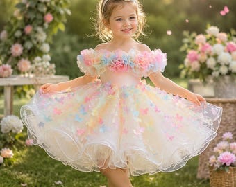 Pastell Regenbogen Schmetterling Tüll Kleinkind Kleid mit Floral Rüschen Mieder, Puffigen Rock, Schnürung zurück, Prinzessin Party Outfit