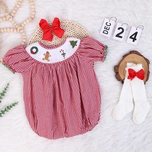 Personalized Red Christmas Bubble and Romper, Smocked Christmas Romper