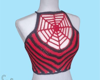 Haut court brassière rouge et noir au crochet fait main toile d'araignée
