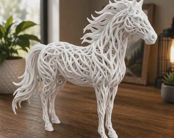 May include: A white horse sculpture featuring an intricate, open-work lattice design that mimics flowing strands. The figure stands in a profile position, showcasing a detailed mane and tail composed of interconnected, vine-like white structures.