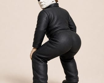 May include: A figurine of a character with a white mask, brown hair, and a black jumpsuit. The figure is posed in a crouched stance, looking over its shoulder. The character wears black boots and has a textured, matte finish on the clothing.