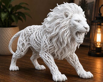 May include: A white lion figurine featuring a complex, open-work lattice structure that forms its body and mane. The lion is depicted in a standing, aggressive pose with its mouth open, revealing teeth, and its tail curved upward.
