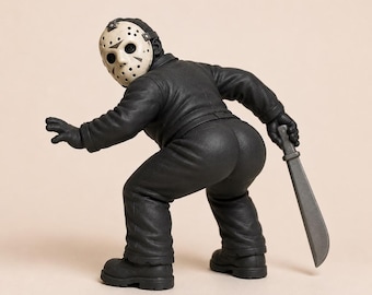 May include: A stylized figurine of a character wearing a cream-colored hockey mask with black eye holes and red markings, dressed in a solid black jumpsuit. The figure is in a crouched pose, holding a gray machete in one hand and reaching forward.