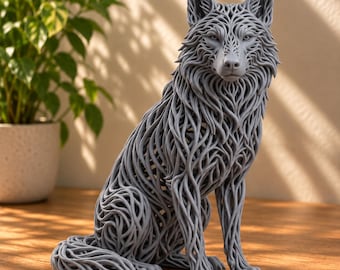 May include: A gray wolf figurine crafted with an intricate, open-work lattice structure that mimics fur. The sculpture features a seated pose with pointed ears, alert eyes, and a detailed snout, showcasing a complex web of interconnected lines.