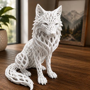 May include: A white wolf figurine featuring an intricate, open-work lattice structure throughout its body. The sculpture depicts a seated wolf with detailed fur-like patterns formed by interconnected, flowing lines, creating a hollow, webbed effect.