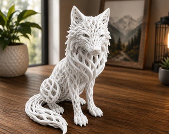 May include: A white wolf figurine featuring an intricate, open-work lattice structure throughout its body. The sculpture depicts a seated wolf with detailed fur-like patterns formed by interconnected, flowing lines, creating a hollow, webbed effect.