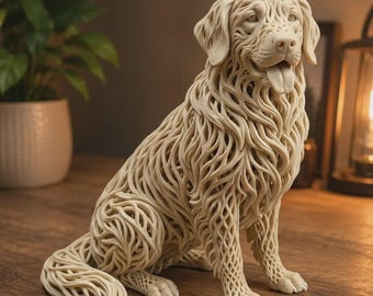 May include: A cream-colored dog figurine featuring an intricate, open-work lattice design that mimics fur texture. The sculpture depicts a seated dog with its mouth slightly open, tongue visible, and ears drooping, crafted with a continuous web-like pattern.