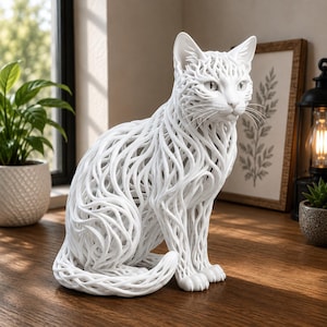 May include: A white cat sculpture constructed from a complex, interconnected network of thin, swirling lines. The figure is depicted in a seated position with its tail curled around its base, showcasing a hollow, open-work design throughout.