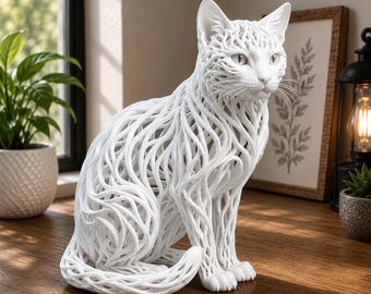 May include: A white cat sculpture constructed from a complex, interconnected network of thin, swirling lines. The figure is depicted in a seated position with its tail curled around its base, showcasing a hollow, open-work design throughout.