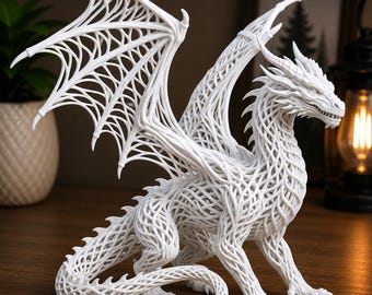 May include: A white dragon figurine featuring an intricate, open-work lattice structure throughout its body, wings, and tail. The creature is depicted in a standing pose with its head turned to the side, showcasing detailed scales and sharp claws.
