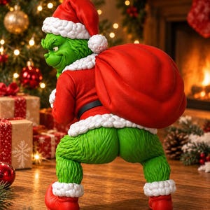 May include: A green creature figurine wearing a red Santa suit with white fur trim and a matching hat. The figure is bent over, looking back over its shoulder, and carrying a large, rounded red sack on its back. It wears red boots and has textured green fur.