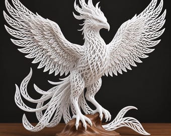 May include: A white phoenix sculpture featuring intricate, lattice-like feather detailing across its wings, body, and long, flowing tail. The mythical bird stands perched upon a smooth, rounded brown wooden base, displaying sharp talons and a crest.