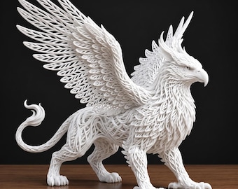 May include: A white griffin sculpture featuring an intricate, open-work lattice design that forms the feathers, fur, and wings. The mythical creature stands in a profile position with its wings fully extended upward and a curved tail.