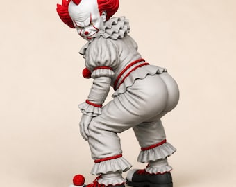 May include: A figurine of a clown with bright red hair, a white face with red makeup markings, and a grey ruffled costume. The clown wears black shoes with red pom-poms and red trim on the sleeves, waist, and pant cuffs, posed in a bent-over stance.