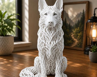 May include: A white sculpture of a sitting dog featuring an intricate, open-work lattice design that forms the fur and body structure. The figure is rendered in a solid matte white material with detailed facial features, pointed ears, and a long tail.