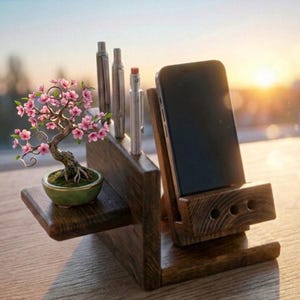May include: A wooden desk organizer with a phone holder, pen holders, and a small bonsai tree. The bonsai has pink flowers and is in a green pot. The organizer is made of dark wood.