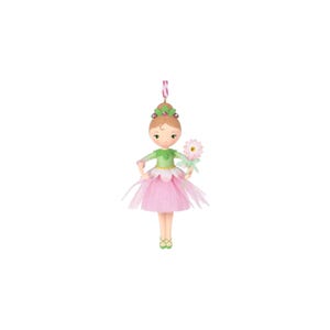 May include: A hanging ornament shaped like a fairy with light brown hair, a green bodice, and a pink tulle skirt. The figure has a flower crown, holds a pink daisy, and wears green ballet slippers. A striped ribbon loop is attached to the top.