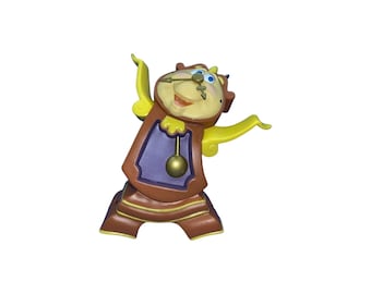 Peut inclure: Une figurine d'horloge de cheminée marron et jaune avec un visage souriant, des yeux bleus et les bras levés. L'horloge présente un panneau central violet avec un pendule doré, des aiguilles dorées sur le cadran et une base solide avec des bordures jaunes.