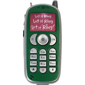 以下が含まれることがあります： Let it Ring Let it Ring Let it Ringというテキストが表示された画面を持つ、緑と銀色の携帯電話のおもちゃ。このデバイスには、文字付きの標準的なテンキー、中央のナビゲーションボタン、右上の小さなアンテナが備わっています。