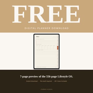 May include: A digital planner preview with the word "FREE" in large white letters above the text "DIGITAL PLANNER DOWNLOAD." The preview shows a week's layout on a tablet. The bottom section reads "7-page preview of the 556-page Lifestyle OS."