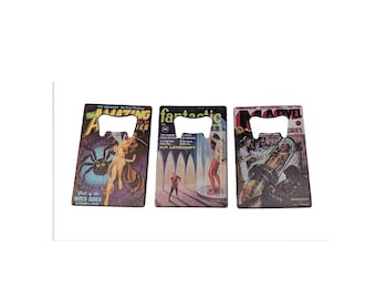 Vintage Sci-Fi Horror Pulp Magazine Flesopener op creditcardformaat, roestvrij staal