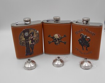 Flasque 3D personnalisée en cuir végétalien texturé - Steampunk, tête de mort, dessins de mouton noir