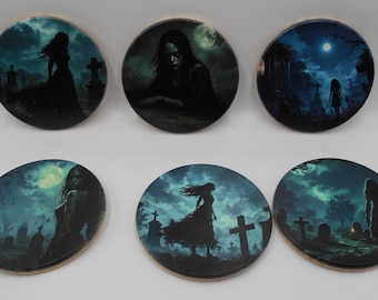 Set van 6 houten onderzetters - gotische kerkhofkunst - 4" rond met antislipvilt