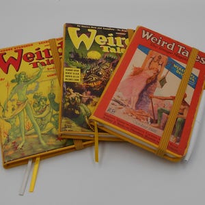 Puede incluir: Tres cuadernos de estilo vintage con el título "Weird Tales" en las portadas. Los cuadernos tienen cubiertas amarillas, verdes y rojas con ilustraciones y texto. Un bolígrafo está sujeto a un cuaderno con una banda elástica amarilla. Los cuadernos están sobre una superficie blanca.